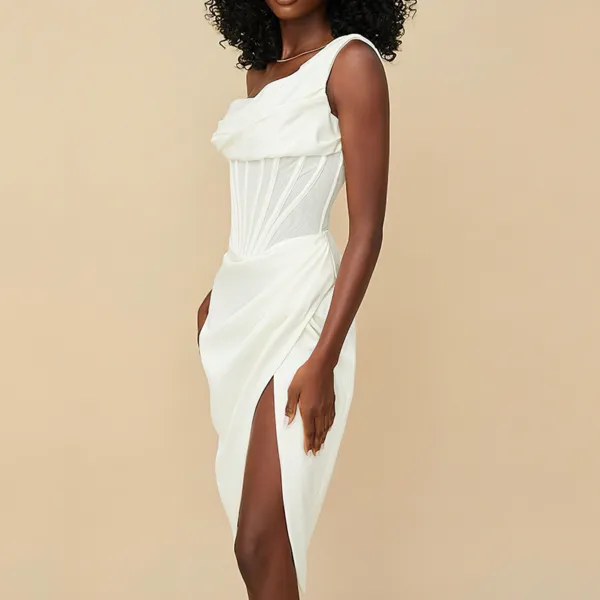 robe-asymetrique-blanche-corset-profil Hvid asymmetrisk korsetkjole med kåleformet hals