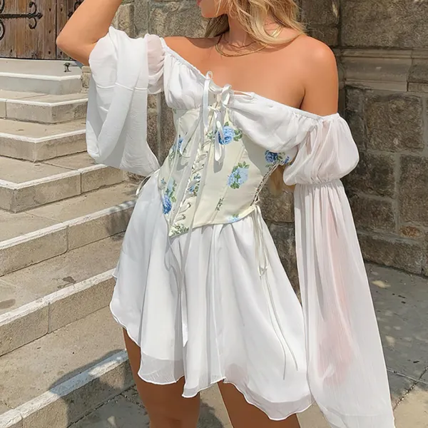 robe-blanche-avec-corset-lace-face Hvid kjole med snørekorset med blomsterprint