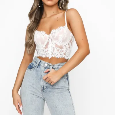 Hvid bustier-top med blonder og blomsterprint