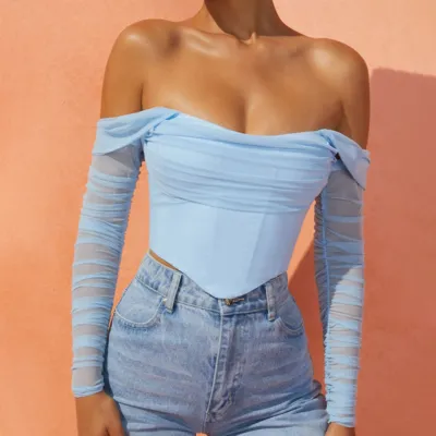 top-bustier-manche-longue Blå langærmet stropløs top med bådudskæring